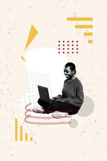 网络空间年轻女性坐着，手握笔记本电脑，微笑着进行虚拟远程在线输入的拼贴艺术照片模板草图图片下载