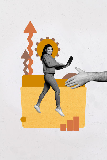 年轻女性在工作空间中微笑着走路，手中拿着笔记本电脑的手势素描拼贴艺术照片图片下载