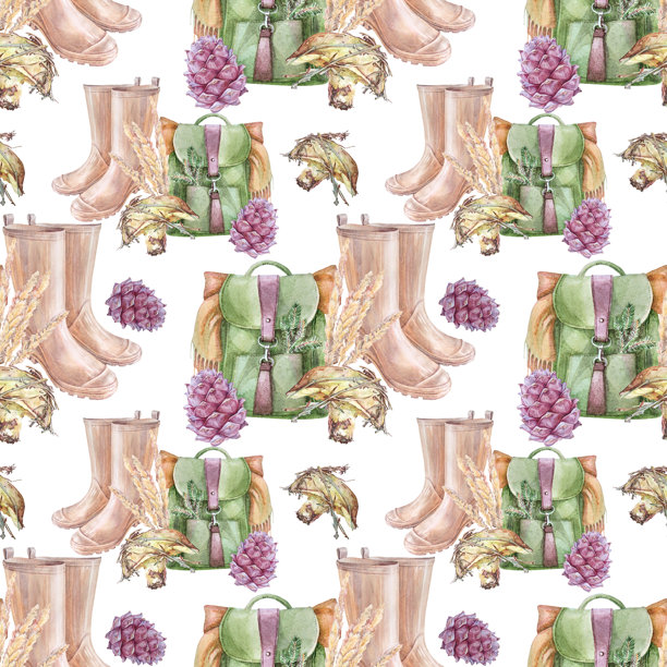 水彩无缝图案，包含绿色背包，适合采蘑菇和徒步旅行，背景为白色。雪松松果和橡胶靴。适合周末散步的森林旅游。适用于秋季贺卡或壁纸的艺术作品。图片下载