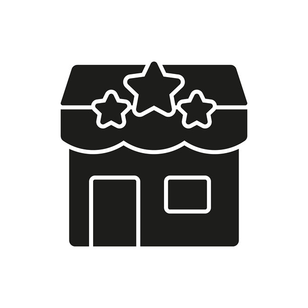 带星星的商店前台实心图标。零售店促销、客户体验和质量轮廓符号。小型企业卓越。孤立的矢量插图。图片下载