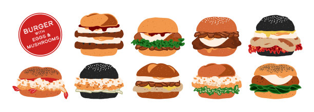 一组孤立的汉堡，配有鸡蛋和蘑菇。可爱的手绘食物，汉堡，采用简单的纯色风格，背景为白色。面包卷搭配各种肉饼。图片下载