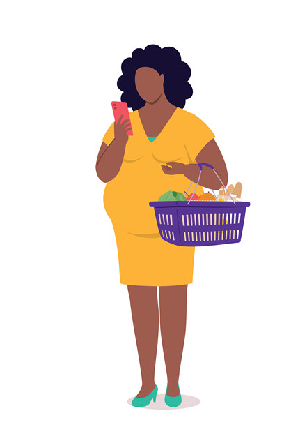 身材丰满的黑人孕妇手拿购物篮，正在查看手机。购物者。跑腿。图片下载