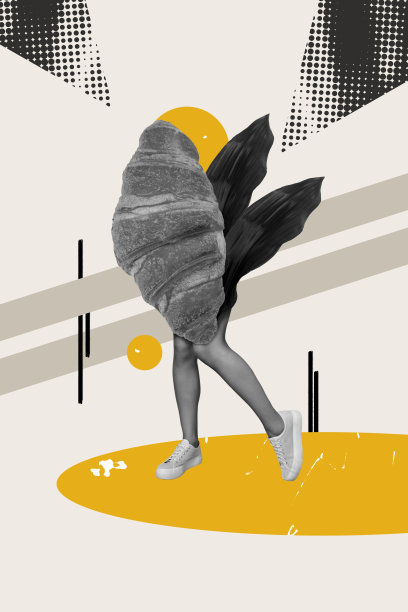 垂直照片拼贴，匿名女孩的腿部而非身体，羊角面包、烘焙面团、营养、垃圾食品、泡芙，孤立在涂鸦背景上。图片下载