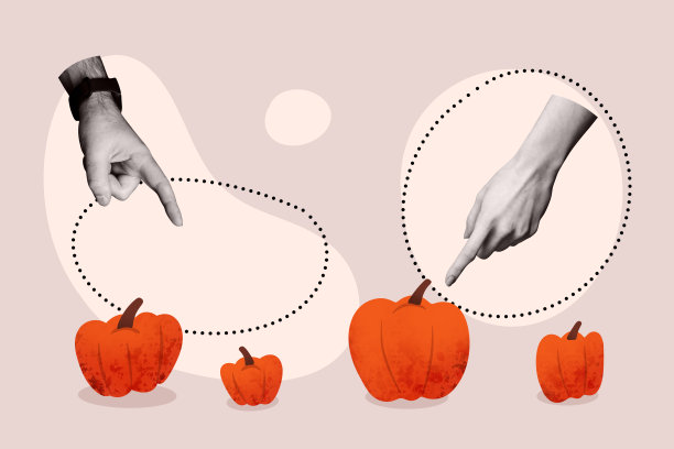 人们的手指指向南瓜蔬菜的拼贴照片，背景为秋季感恩节假日的涂鸦风格。图片下载