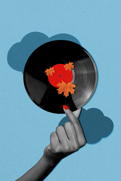 手握复古唱片的垂直照片拼贴，搭配干枯的枫叶，秋季海报，背景为涂漆色彩。图片下载