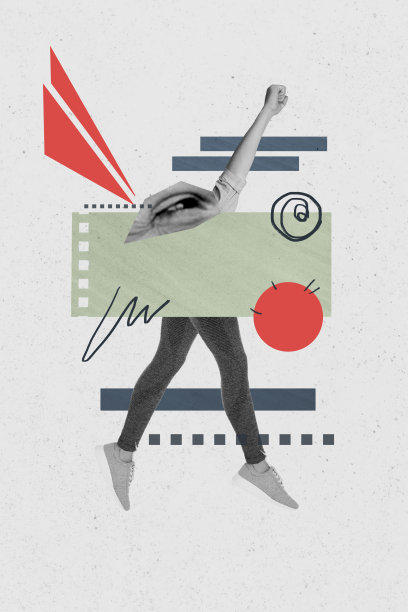 奇怪的无身体人类眼球超级英雄姿势的竖版照片拼贴，手向前伸，腿部剪影，独立于涂鸦背景。图片下载