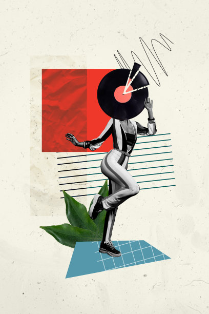 垂直照片拼贴，匿名女孩在涂鸦背景下跳舞，复古黑胶唱片，周末放松的场合，声音与树叶相伴。图片下载