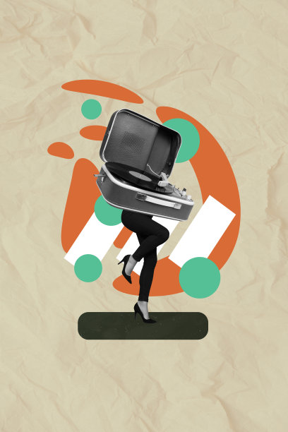 复古风格的3D拼贴画，展示了行走的女士腿部与黑胶唱机，背景为米色。图片下载