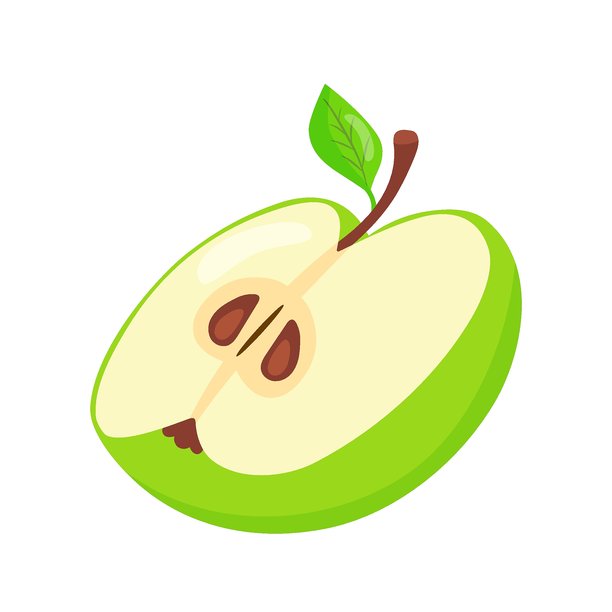 一半切开的绿色甜苹果。自然水果，手绘。图片下载