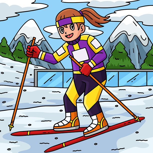 女性冬季两项运动员滑雪彩色卡通图图片下载