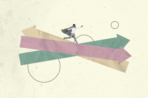 3D照片拼贴模板趋势艺术作品，年轻男孩英雄披风奔跑，箭头指向目标方向，市场营销挑战进步图片下载