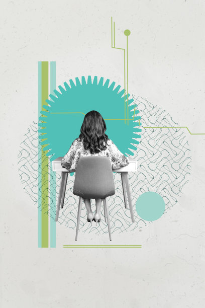 3D海报图像杂志照片拼贴，兴奋的男商人和女商人站在齿轮图表旁，展示发展进展统计数据。图片下载