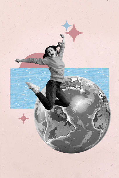快乐的女孩和男孩站在地球旁，箭头指向夏季旅行、海洋度假之旅的现代照片拼贴画图片下载
