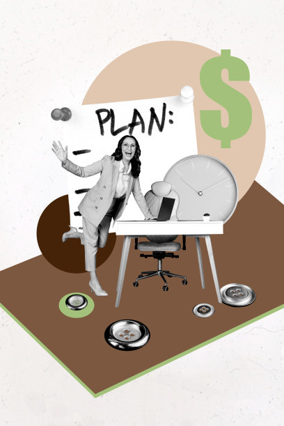 趋势艺术横幅 3D 照片拼贴，展示一位微笑的老年女性，快乐地规划任务，使用笔记本电脑，涉及美元、薪水、市场、金融、收益和时钟按钮。图片下载