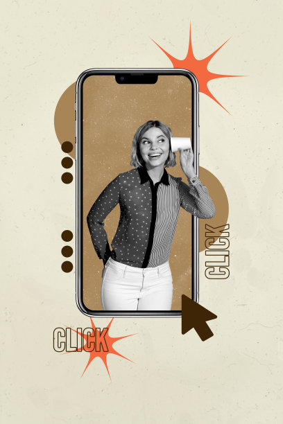 人们在手机屏幕上听音乐的趋势拼贴，背景为柔和色调的点击短语图片下载