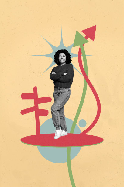 快乐的女商人与男商人在路上行走，指向进步方向的标志箭头的竖版照片拼贴横幅图片下载