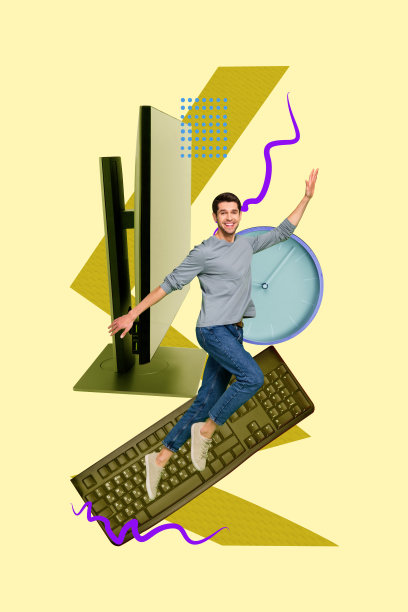 3D艺术作品横幅，快乐的女商人与男商人站在键盘、闹钟、截止日期和电脑显示器前的照片拼贴。图片下载