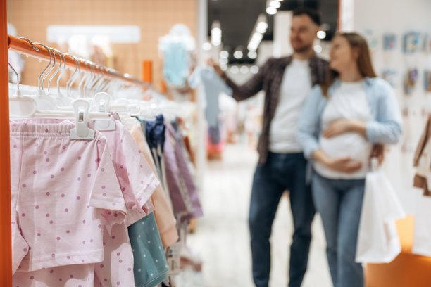 聚焦照片，特写视角。孕妇与男性在儿童服装店内。图片下载