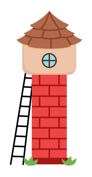 矢量卡通塔楼。童话或古代世界的红砖建筑图标，带有瓦屋顶和梯子。中世纪塔楼插图，背景为白色。图片下载