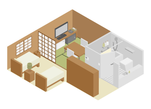 等角视图的日式西式酒店客房图像素材图片下载