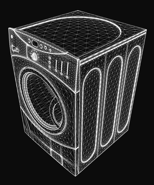 黑色光滑背景上的洗衣机3D线框模型，展示了逼真的细节和现代设计。透明网格结构突显了内部组件和机械部分。图片下载