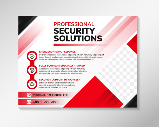 专业安全解决方案的横向布局抽象海报横幅设计模板，白色背景上留有照片拼贴的空间。图片下载