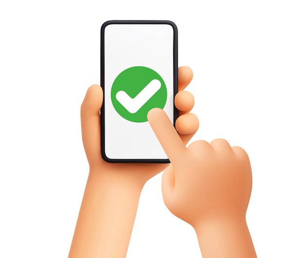 手握智能手机，屏幕上显示绿色勾选标记。3D手指轻触手机屏幕上的绿色勾选标记。批准、确认和成功。用户界面、引导和移动验证的3D渲染矢量概念。图片下载