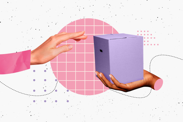 模板海报趋势艺术作品 3D 照片拼贴 送货购物服务 客户双手握住包裹 交接包裹图片下载