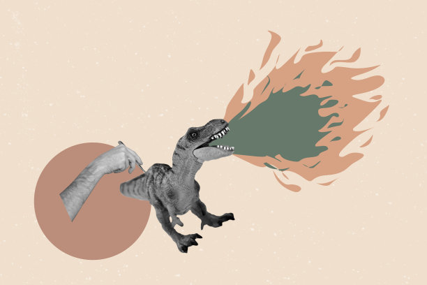 创意照片拼贴，手持宠物玩具龙，野生可怕的霸王龙，喷火咆哮，宠物怪兽，侏罗纪时期图片下载
