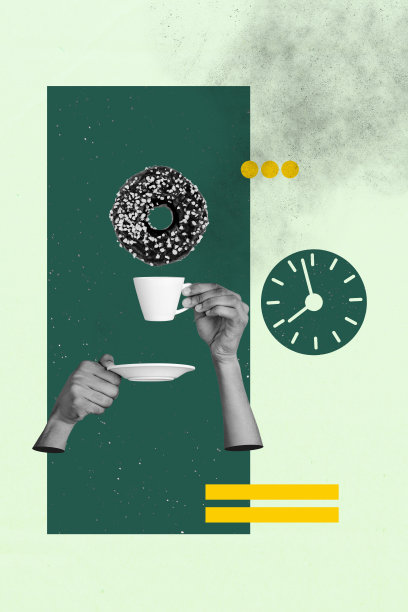 饮料海报抽象拼贴，旁边有甜饼干，背景为绿色方形图片图片下载