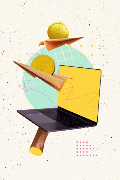 3D照片拼贴趋势草图模板，手持笔记本电脑的矿工，美元硬币，资本交易，纸飞机，网络连接图片下载