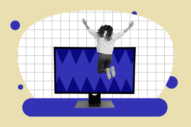 年轻女性办公室经理在数字显示屏前跳跃的照片拼贴艺术作品图片下载