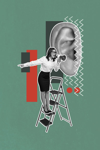 3D照片拼贴艺术作品，背景为绿色，年轻女性老板手持扬声器，站在楼梯上大声讲话，耳朵巨大。图片下载