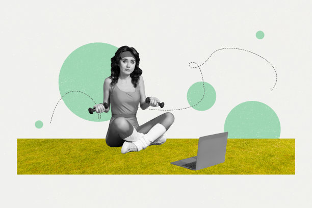 拼贴3D图像，展示年轻不确定女性的复古插画，在线健身课程，奥林匹克运动会体育活动概念，奇特而不寻常。图片下载