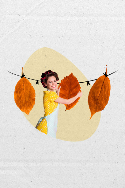 快乐的女佣女孩在秋季清理干燥的洗净叶子，制作植物标本的竖版照片拼贴，背景为涂漆色彩。图片下载