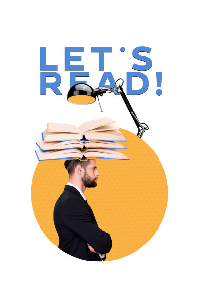 趋势艺术作品图像照片拼贴，横幅让我们阅读，聪明的年轻人保持平衡，三本打开的巨大书籍，图书馆书店，创意灯光。图片下载