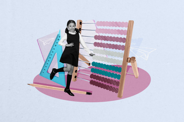 不满的女学生站在算盘旁，手持计算器和学习用品，背景为涂鸦风格的画面，拼贴照片合集。图片下载