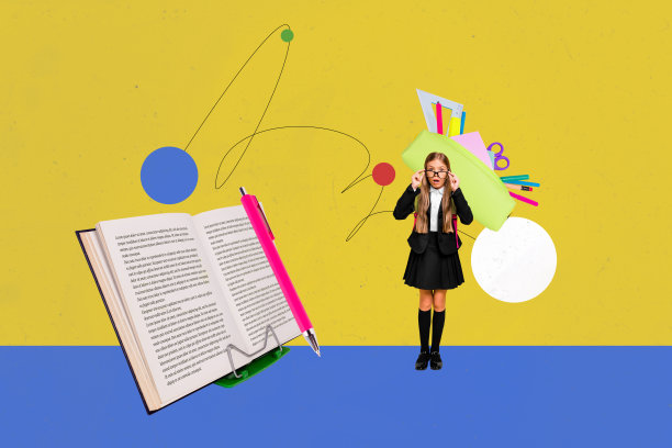惊讶的女孩手持眼镜和打开的书，文具盒和用品，背景为涂鸦风格的画面，拼贴照片。图片下载