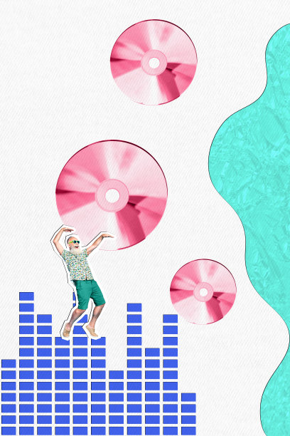 快乐老人的垂直照片拼贴，舞蹈、音量图表、音频CD光盘，场合、放松、娱乐，背景为涂鸦风格。图片下载