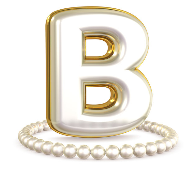 3D渲染的珍珠项链环绕着由珍珠和黄金珠宝制成的字母B，背景为白色。图片下载