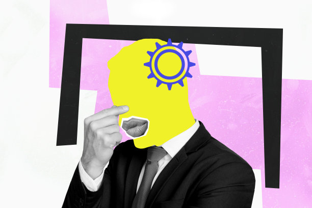 年轻男性办公室经理的合成趋势艺术作品，照片拼贴，面无表情，头痛，过度工作，思考，心理压力图片下载