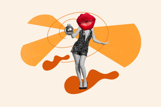 无头年轻女性的复合趋势艺术作品，3D素描照片拼贴，嘴唇亲吻， carefree 舞蹈，手持迪斯科球，性感模特摆姿势。图片下载