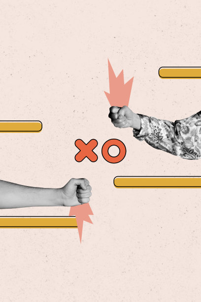 商务人士手握拳头合作玩井字游戏的垂直照片拼贴，背景为涂鸦风格。图片下载