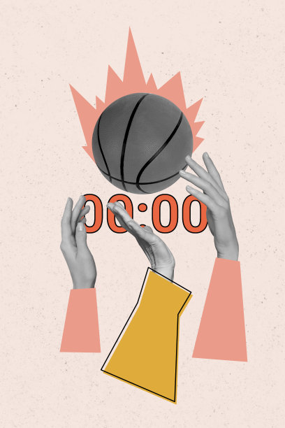 篮球队员的手在比赛时间到期时推球，零分的垂直照片拼贴，背景为涂鸦风格。图片下载