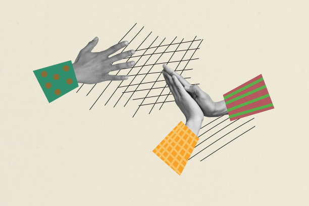 组合趋势艺术作品 3D 草图图像照片拼贴，展示两只单色手握在一起，象征友谊、团结和支持，五指相连的手臂展示。图片下载