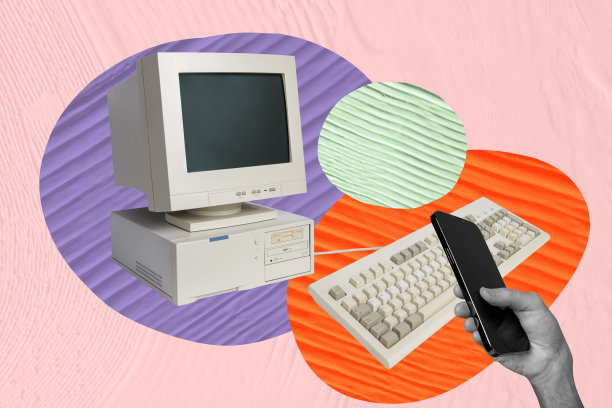 趋势艺术作品图像合成照片拼贴，展示工作空间、手持笔记本电脑、显示器、办公室工作场所、科技、键盘和智能手机。图片下载