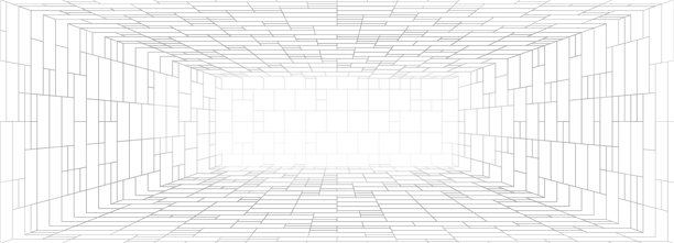 3D透视网格房间，带有线框线条和方块图案，适用于数字背景和虚拟空间。白色立方体室内和地面网格科技设计。未来建筑的矢量插图。图片下载