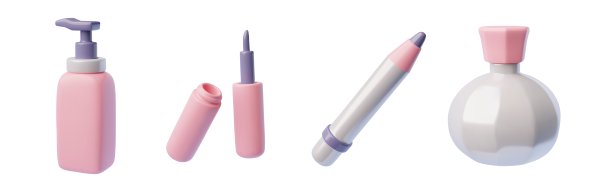 3D化妆品矢量套装，包括香水、眼线笔、口红和乳霜管分配器，化妆美容配件图片下载