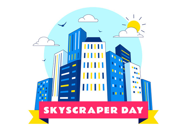 9月3日的摩天大楼日插图，展示城市基础设施、公共空间、城市建筑以及背景中的现代摩天大楼。图片下载