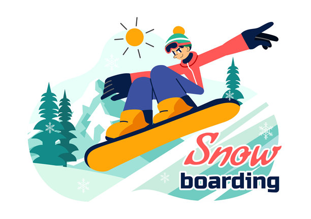 滑雪板矢量插图，展示人们在冬季雪山坡上滑行和跳跃，背景为平面风格的卡通画。图片下载